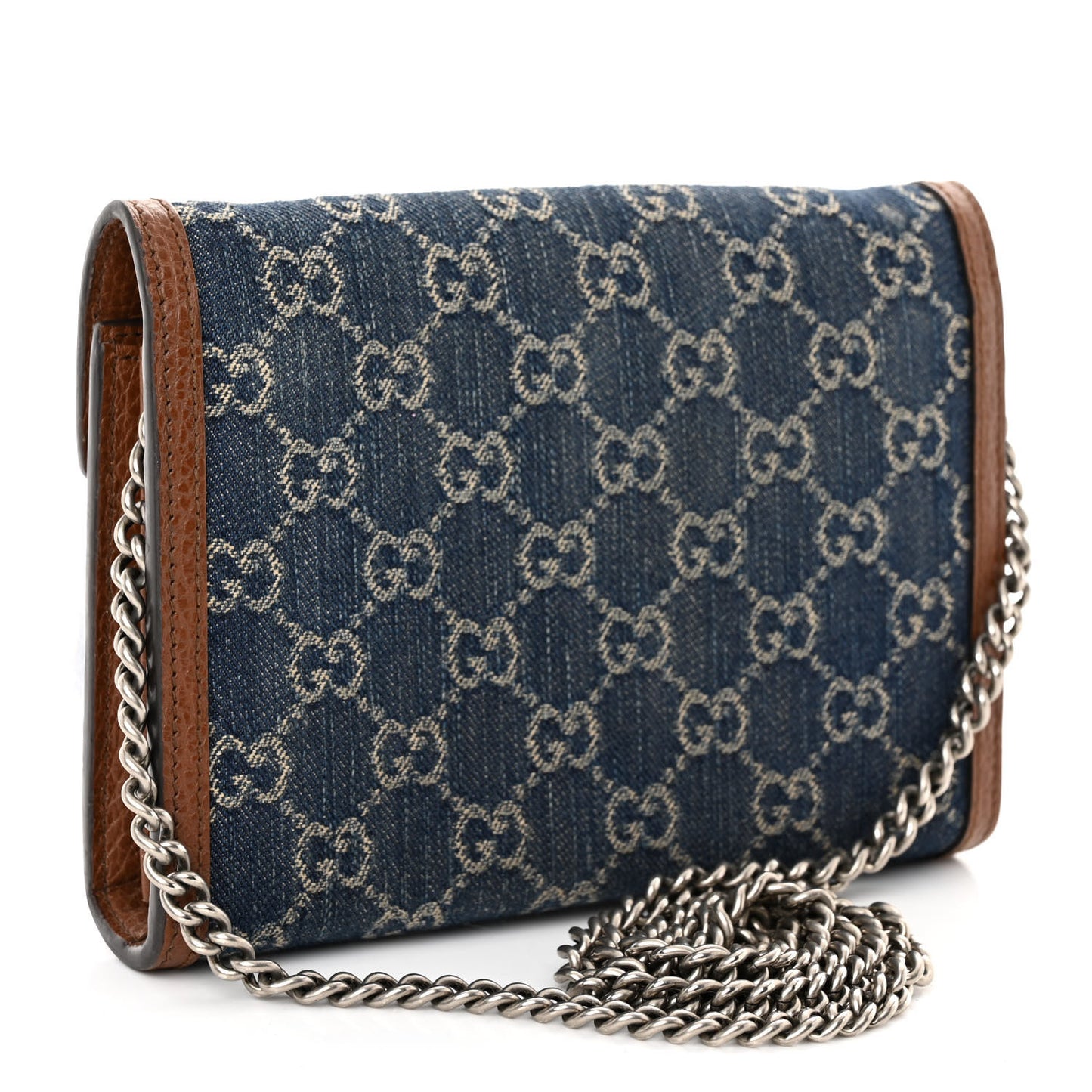 New Denim GG Monogram Dollar Calfskin Enamel Mini Dionysus Chain Wallet Blue Tea Cuir Epilog Electric Blue