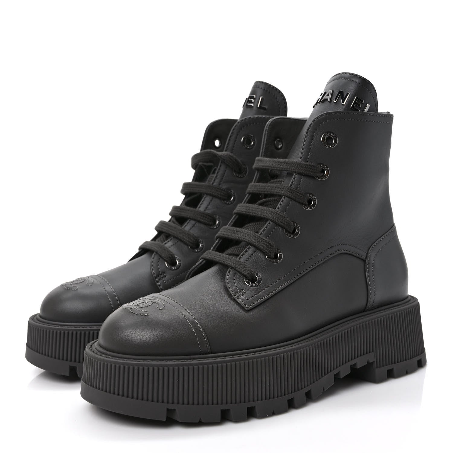 Chanel Calfskin CC Lace Up Combat Boots 37 Gray 3 of 10