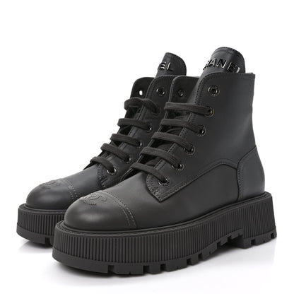 Chanel Calfskin CC Lace Up Combat Boots 37 Gray 3 of 10