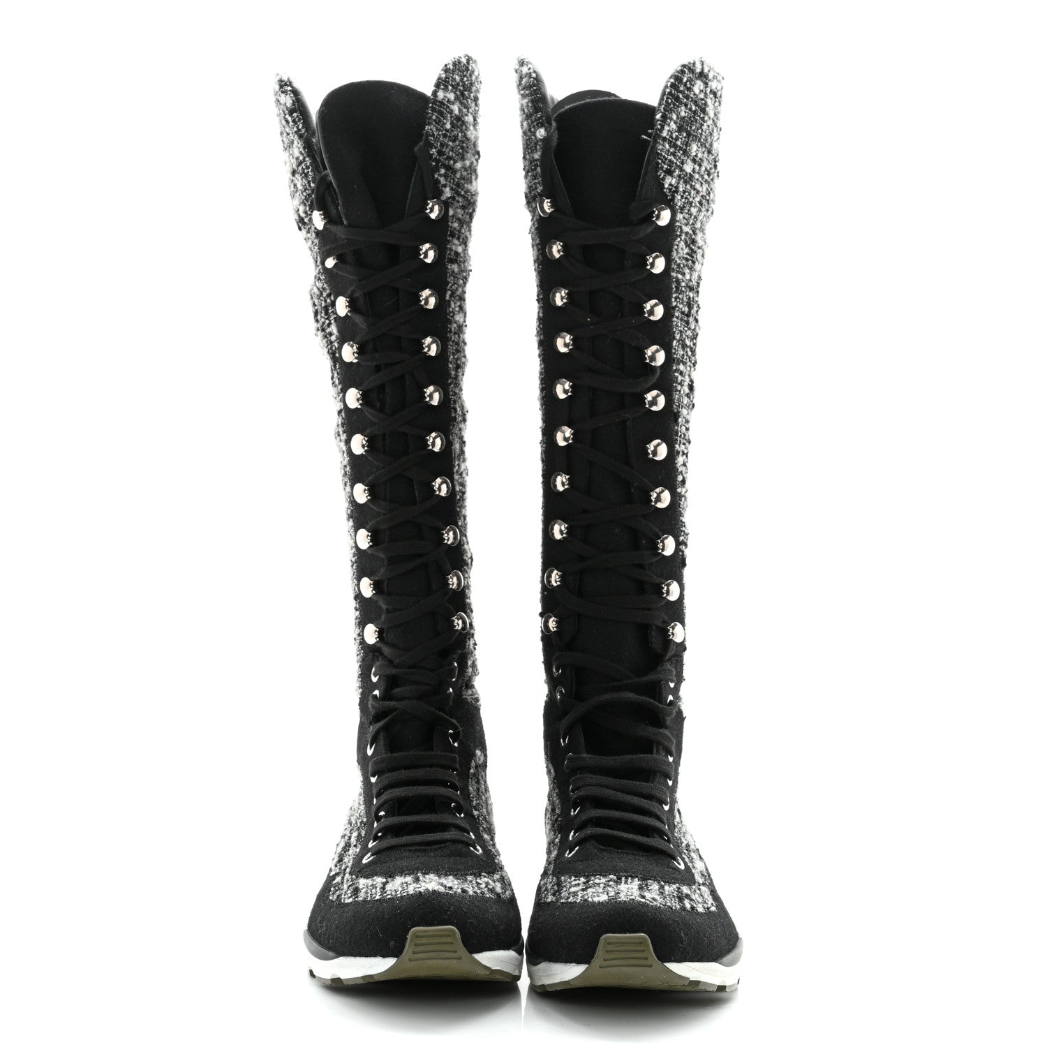 Chanel Tweed Suede Calfskin Sneaker High Boots 39 Black White 2 of 10