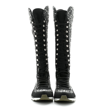 Chanel Tweed Suede Calfskin Sneaker High Boots 39 Black White 2 of 10