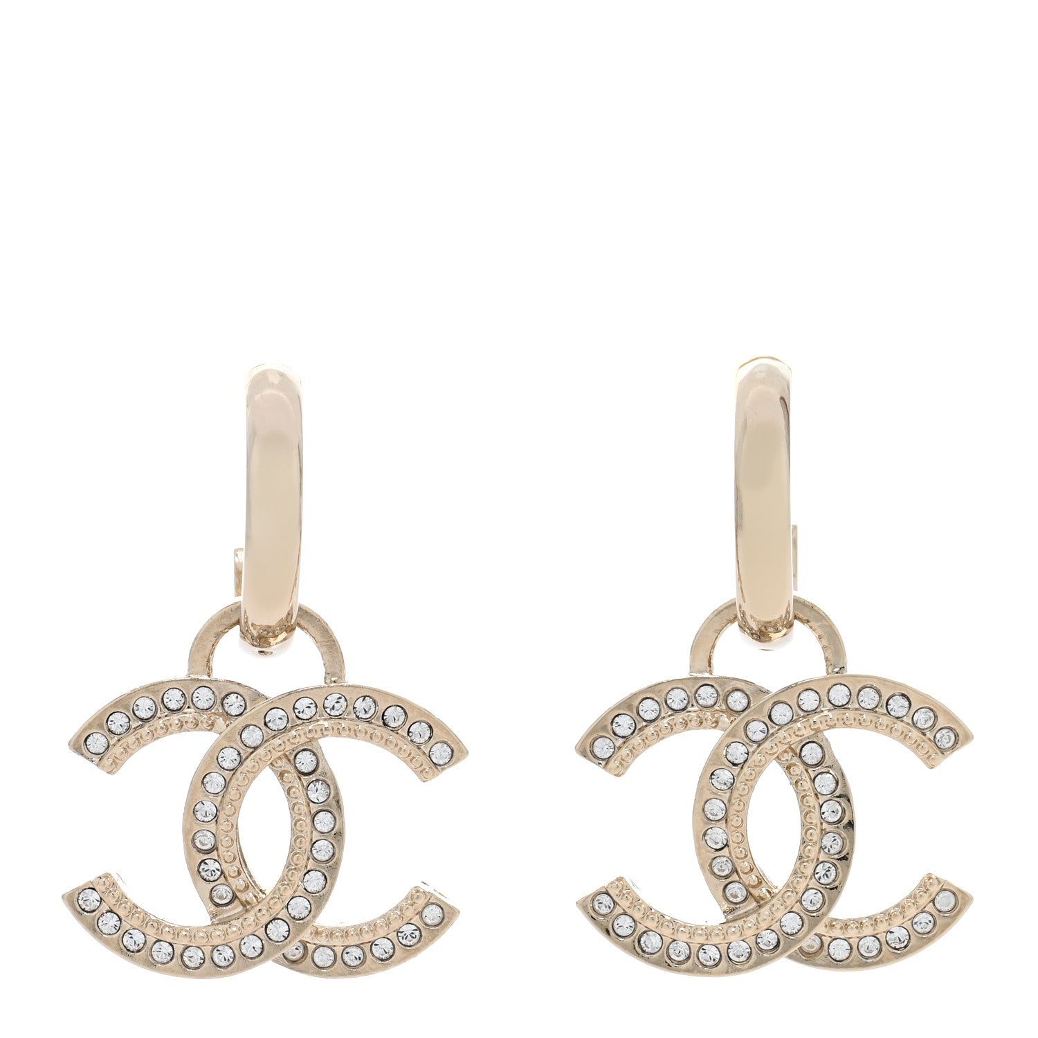 Chanel Metal Crystal Studded CC Hoop Drop Earrings Gold 1 of 5