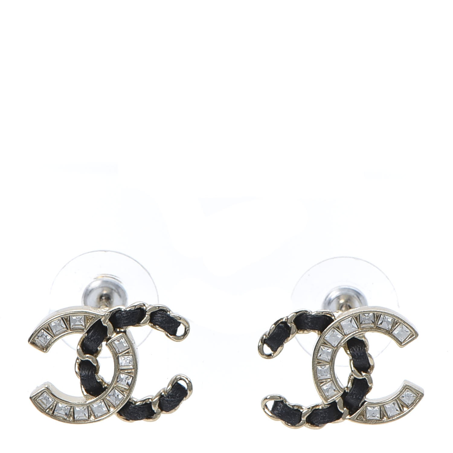 Chanel Crystal Baguette Lambskin Chain CC Vintage Allure Stud Earrings Black Gold 1 of 5