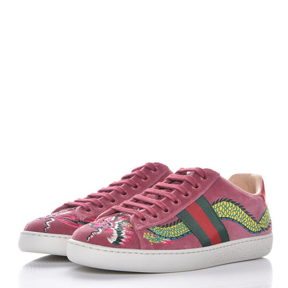 Gucci Velvet Nappa Web Dragon Embroidered Womens Ace Sneakers 36 Tibet Red 3 of 9