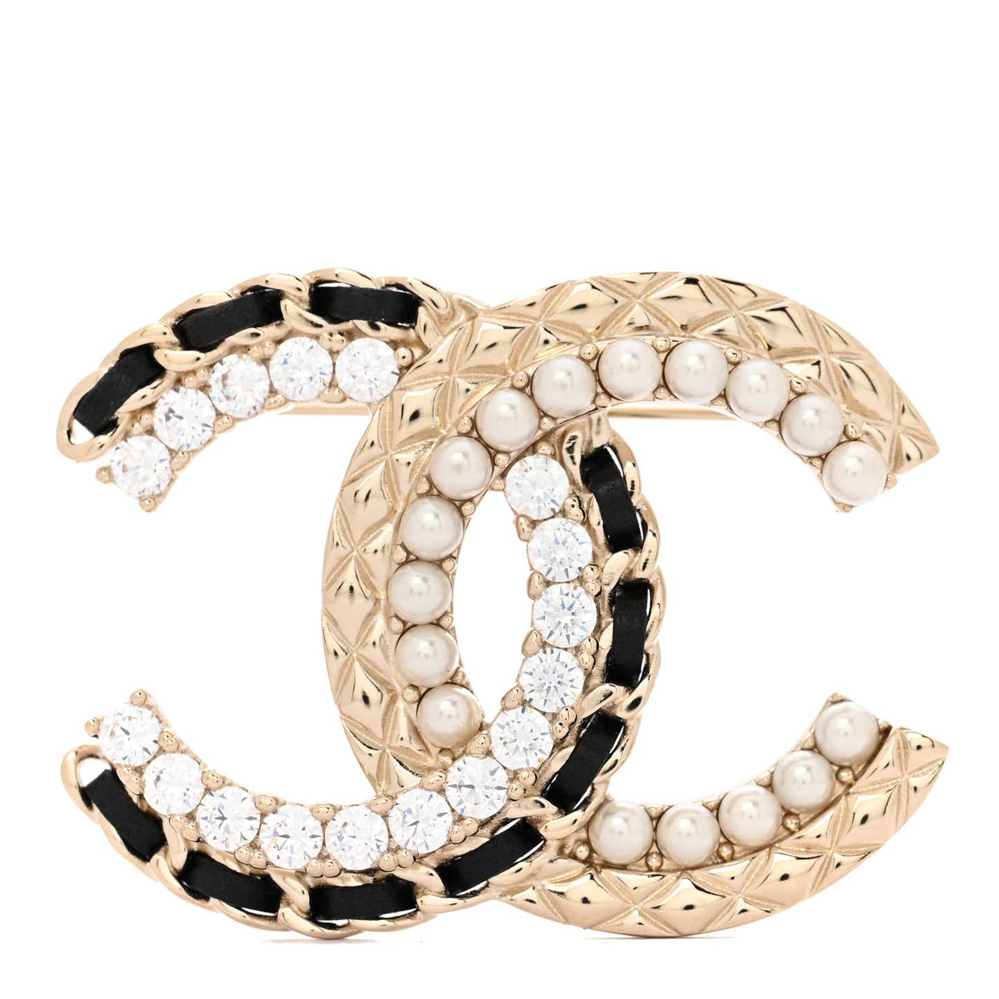 Lambskin Pearl Crystal Quilted CC Brooch Black Gold