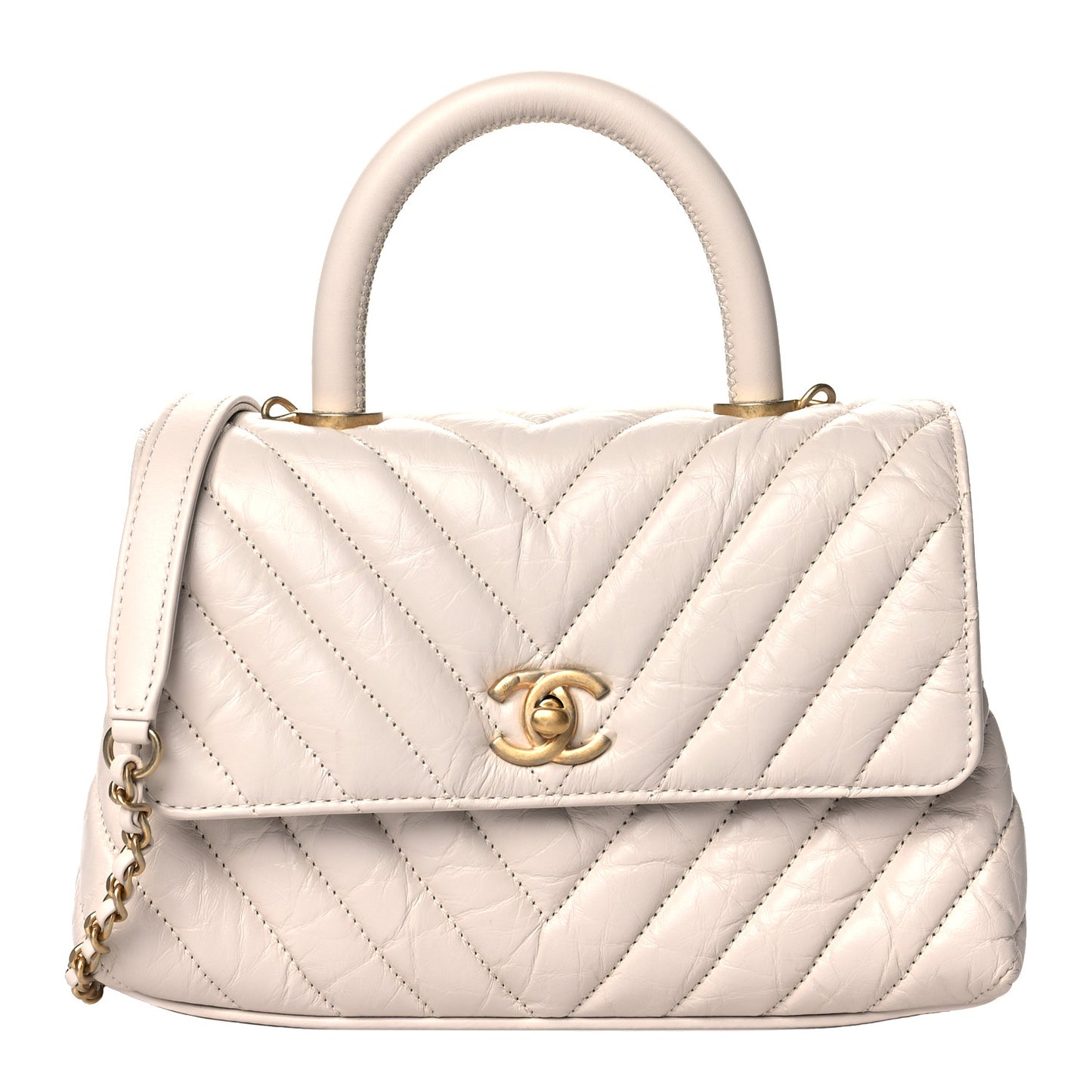 Aged Calfskin Chevron Quilted Mini Coco Handle Flap Ivory