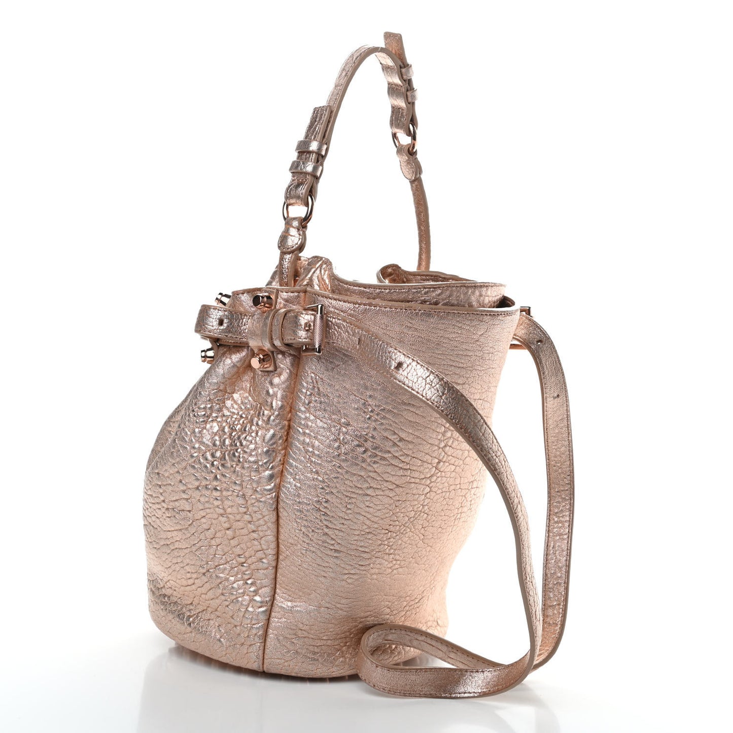 Metallic Pebbled Lambskin Diego Bucket Bag Rose Gold