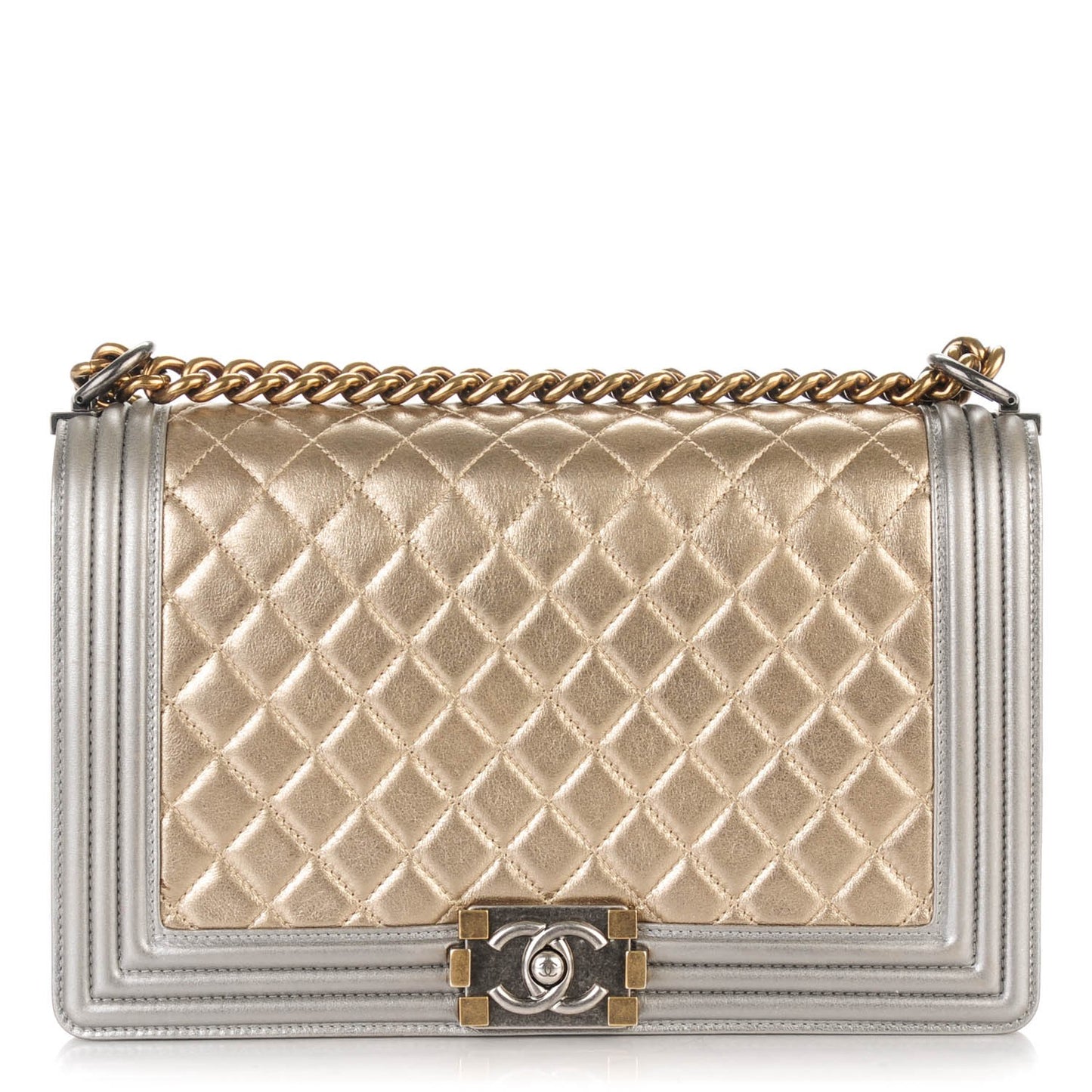 Metallic Calfskin Quilted New Medium Boy Flap Khaki
