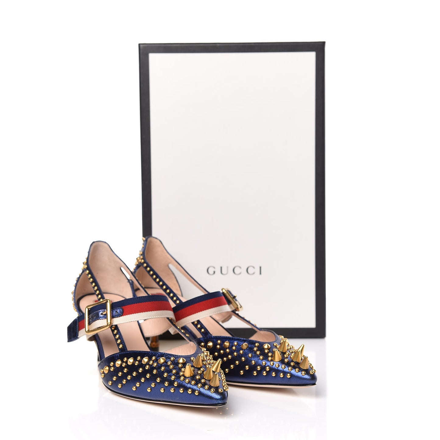 Metallic Nappa Silk Grosgrain Studded Sylvie Web Bamboo Low Heel Pumps 37 Sapphire