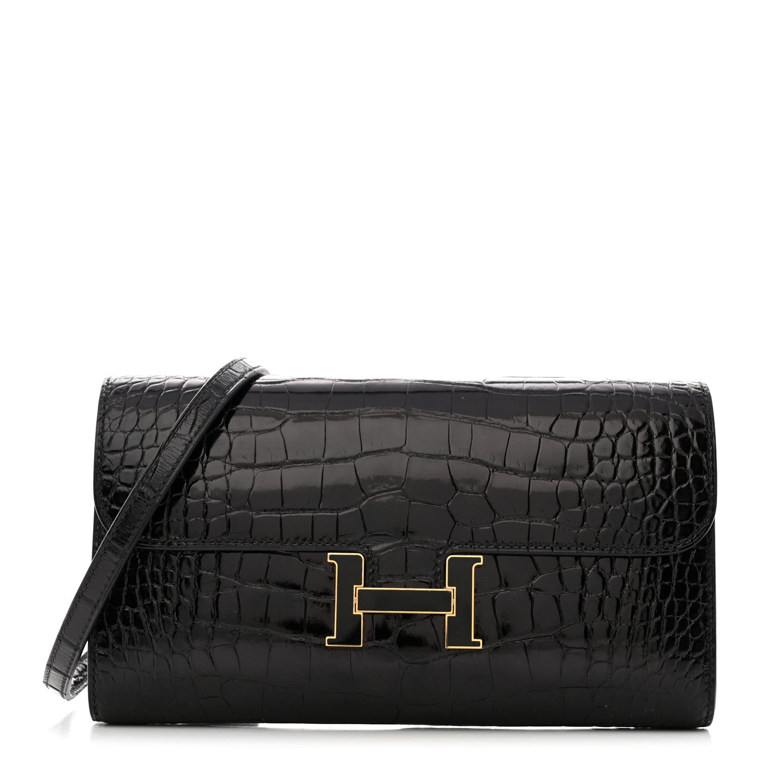 Hermes Shiny Alligator Enamel Constance Long Wallet To Go Black 1 of 8