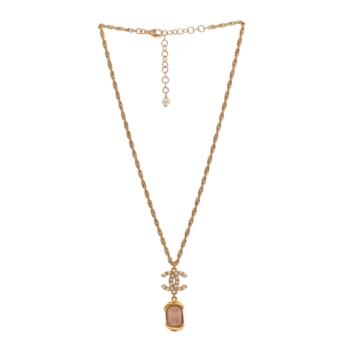 Chanel Pearl Crystal CC Pendant Necklace Gold Pink Pearly White 3 of 5