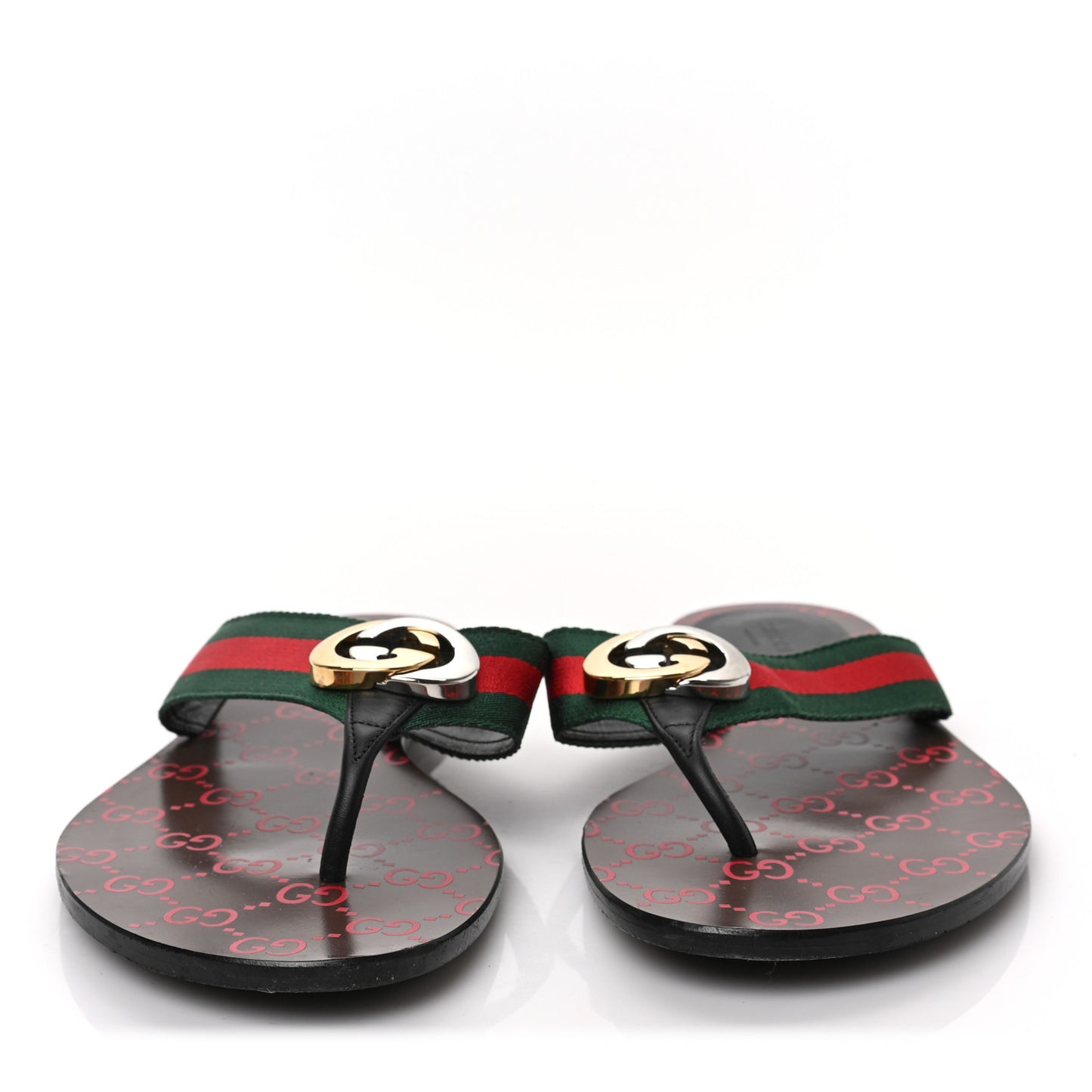 Nylon Calfskin Web GG Monogram Womens Thong Sandals 41 Green Red Cocoa