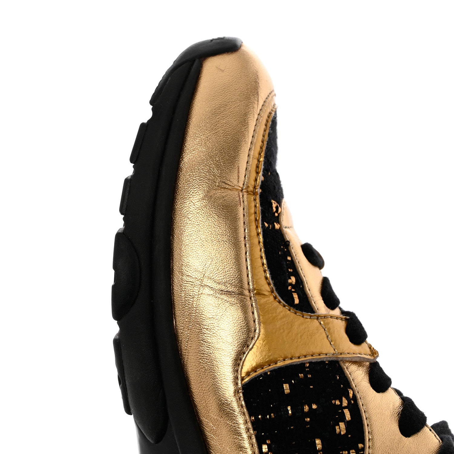 Chanel Satin Lambskin Fabric Tweed CC Sneakers 37 Gold Black 11 of 12