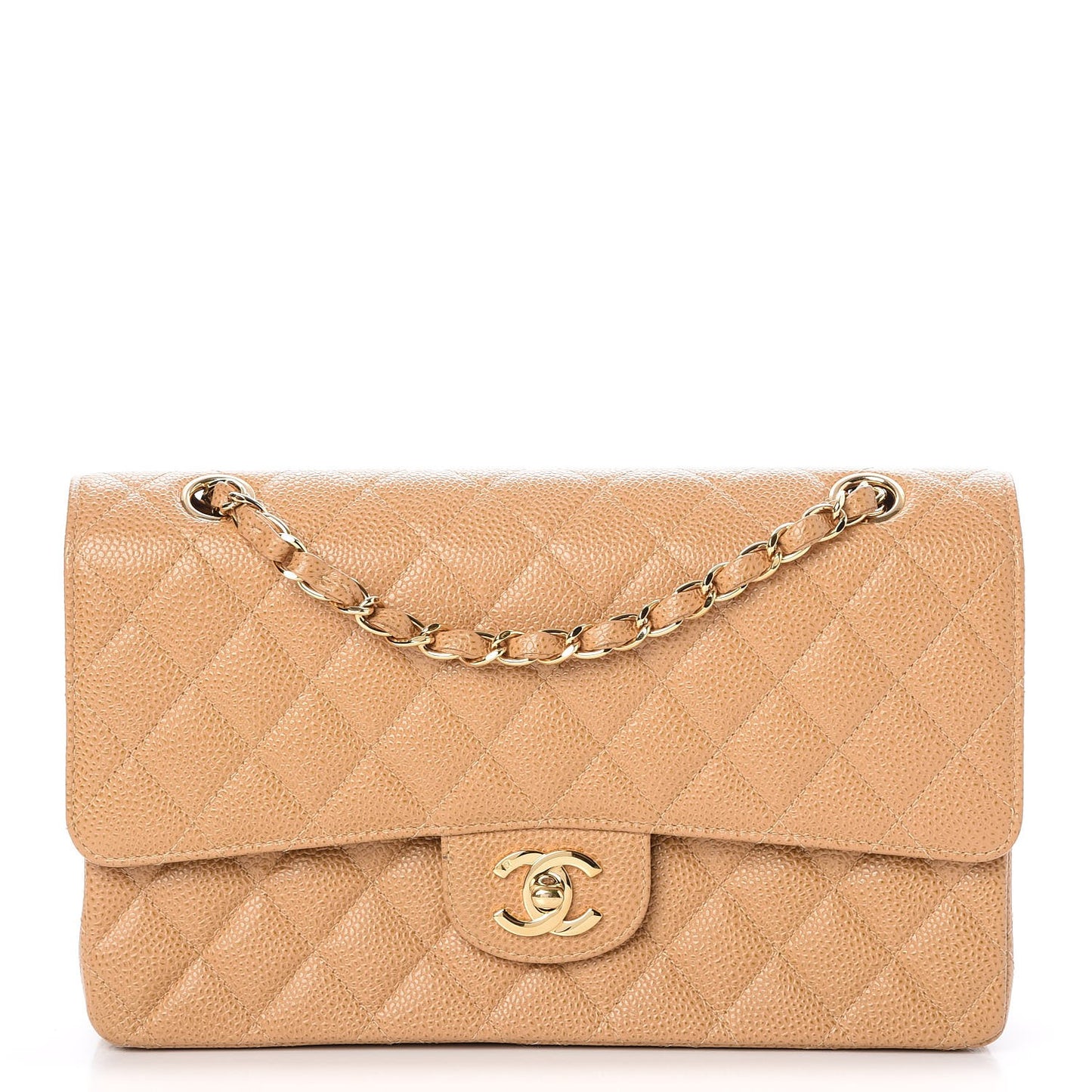 Caviar Quilted Medium Double Flap Beige