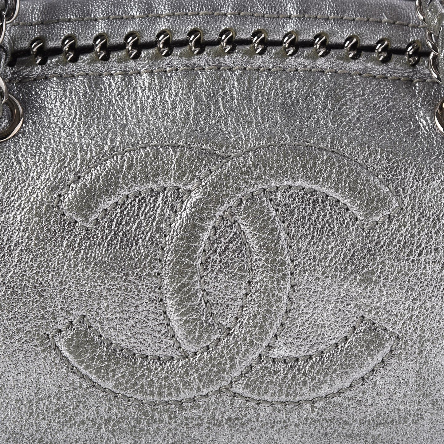 Metallic Goatskin Medium Luxe Ligne Bowler Tote Silver