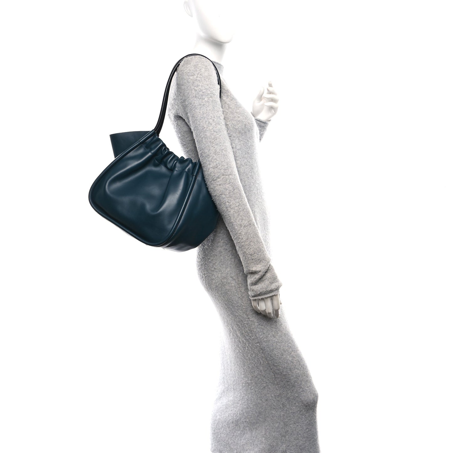 Calfskin Large Ruched Tote Petrol Green