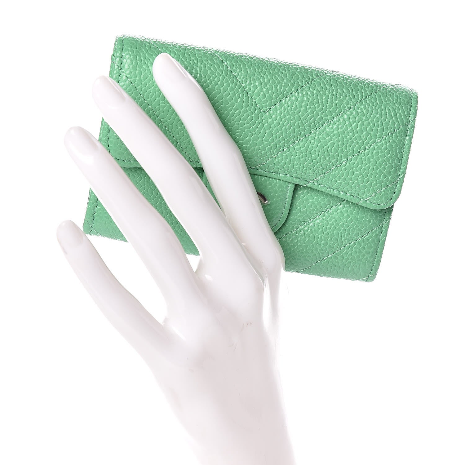 Chanel Caviar Chevron Quilted Flap Card Holder Green 2 of 9