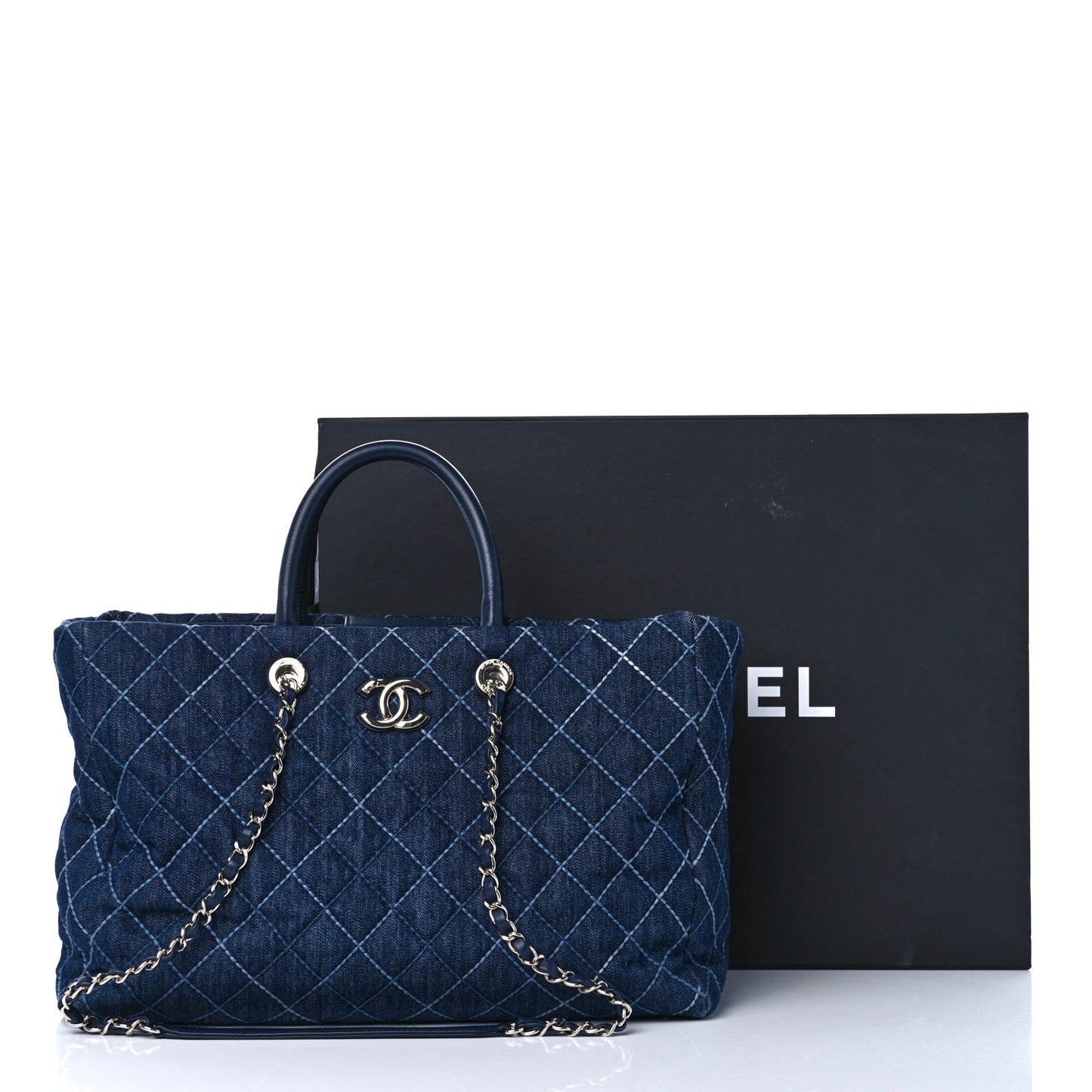 Denim Quilted Large Coco Handle Shopping Tote Blue