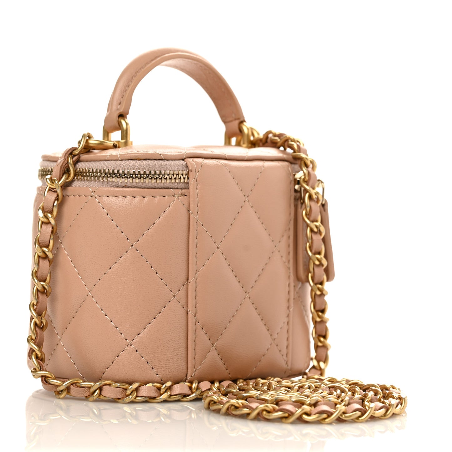 Lambskin Quilted Top Handle Mini Vanity Case With Chain Beige