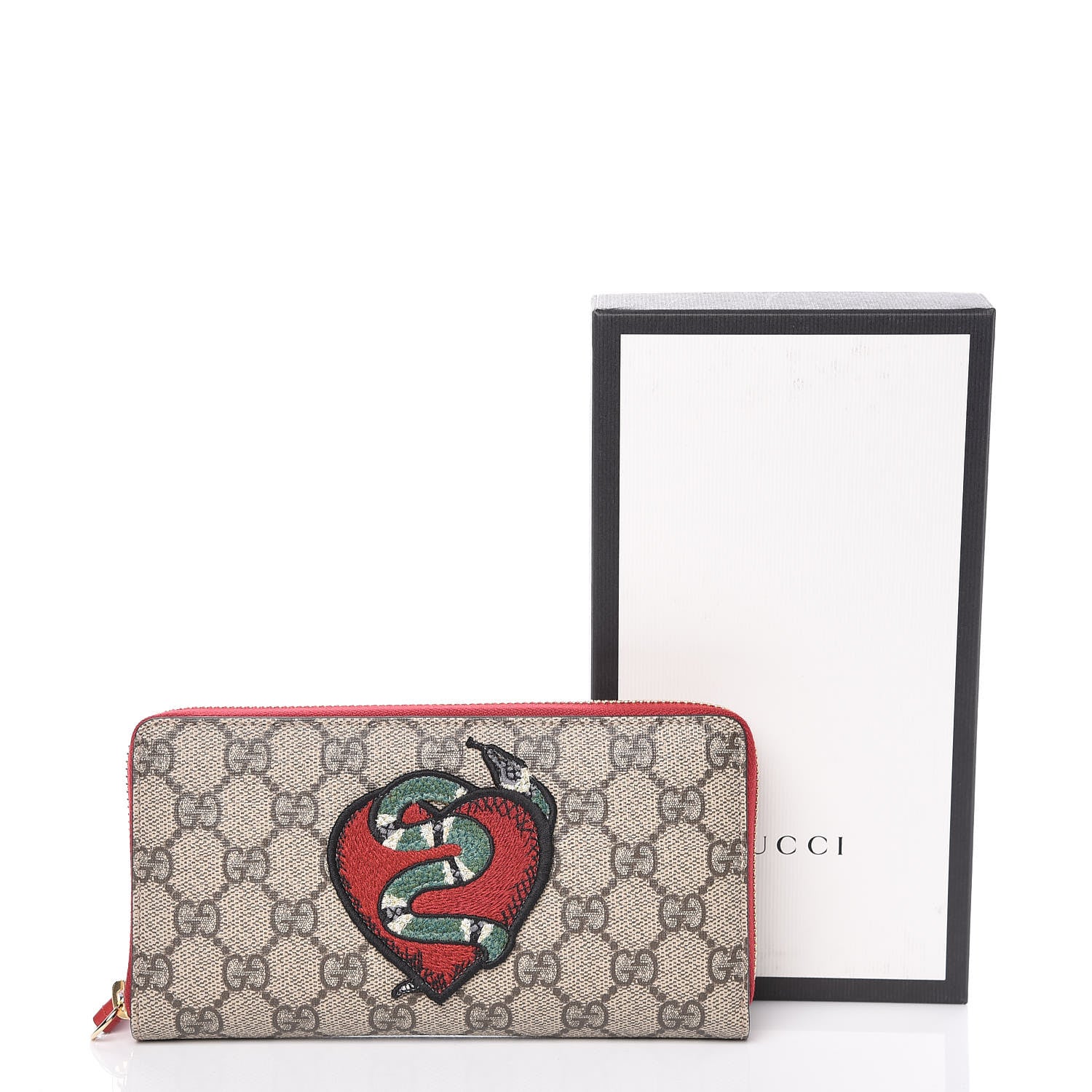 Gucci GG Supreme Monogram Kingsnake Heart Embroidered Zip Around Wallet Red 8 of 8