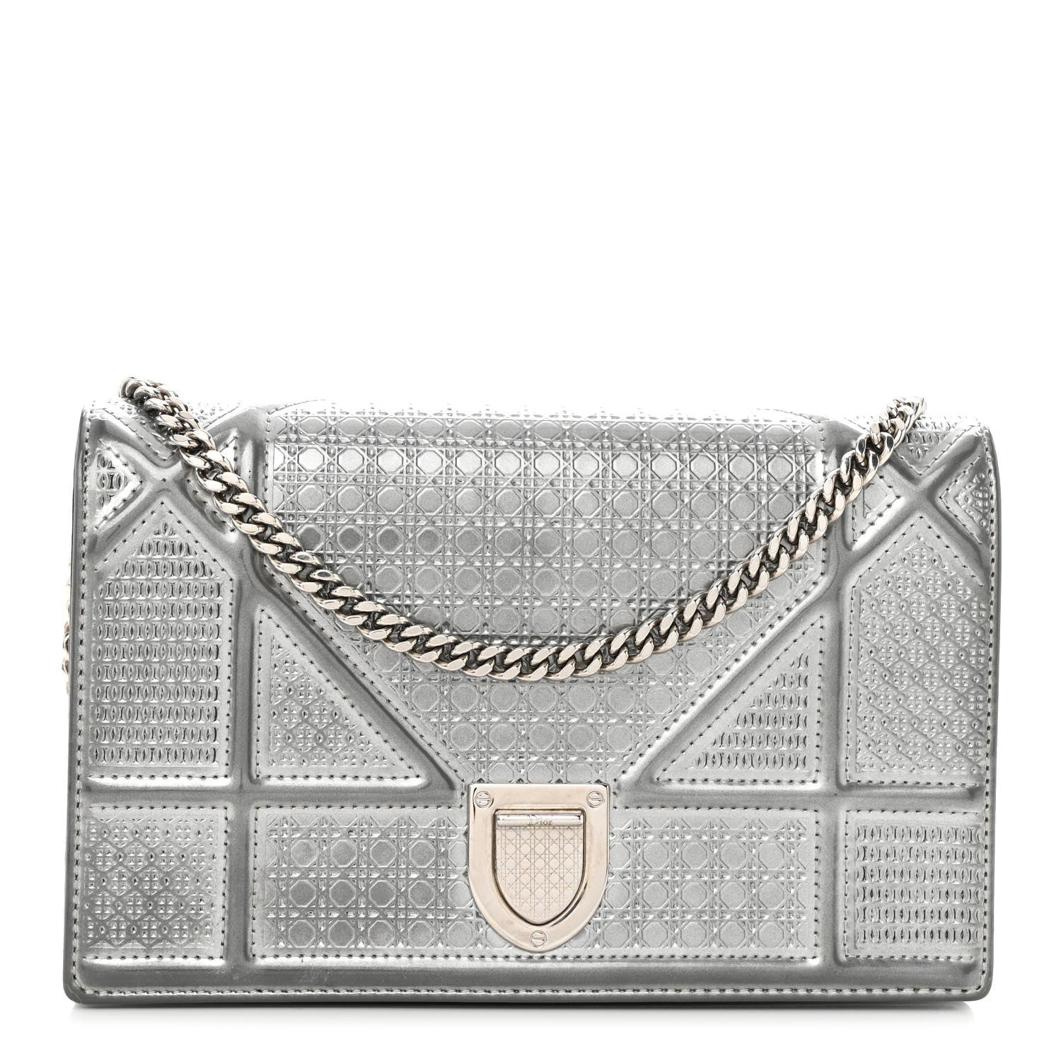 Christian Dior Metallic Patent Micro-Cannage Diorama Wallet on Chain Pouch Silver 1 of 10