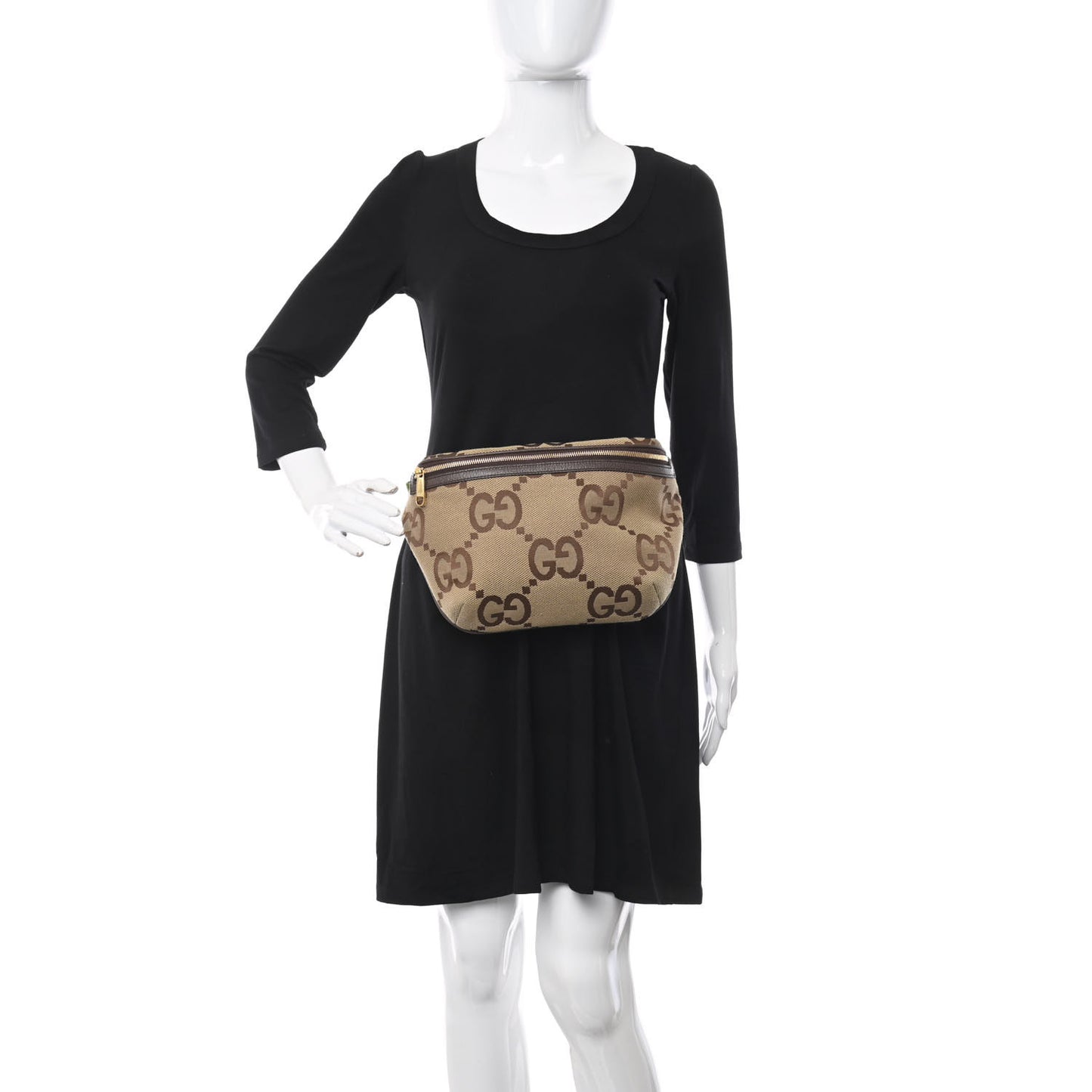 Monogram Jumbo GG Textured Dollar Calfskin Web Belt Bag Camel Ebony New Acero