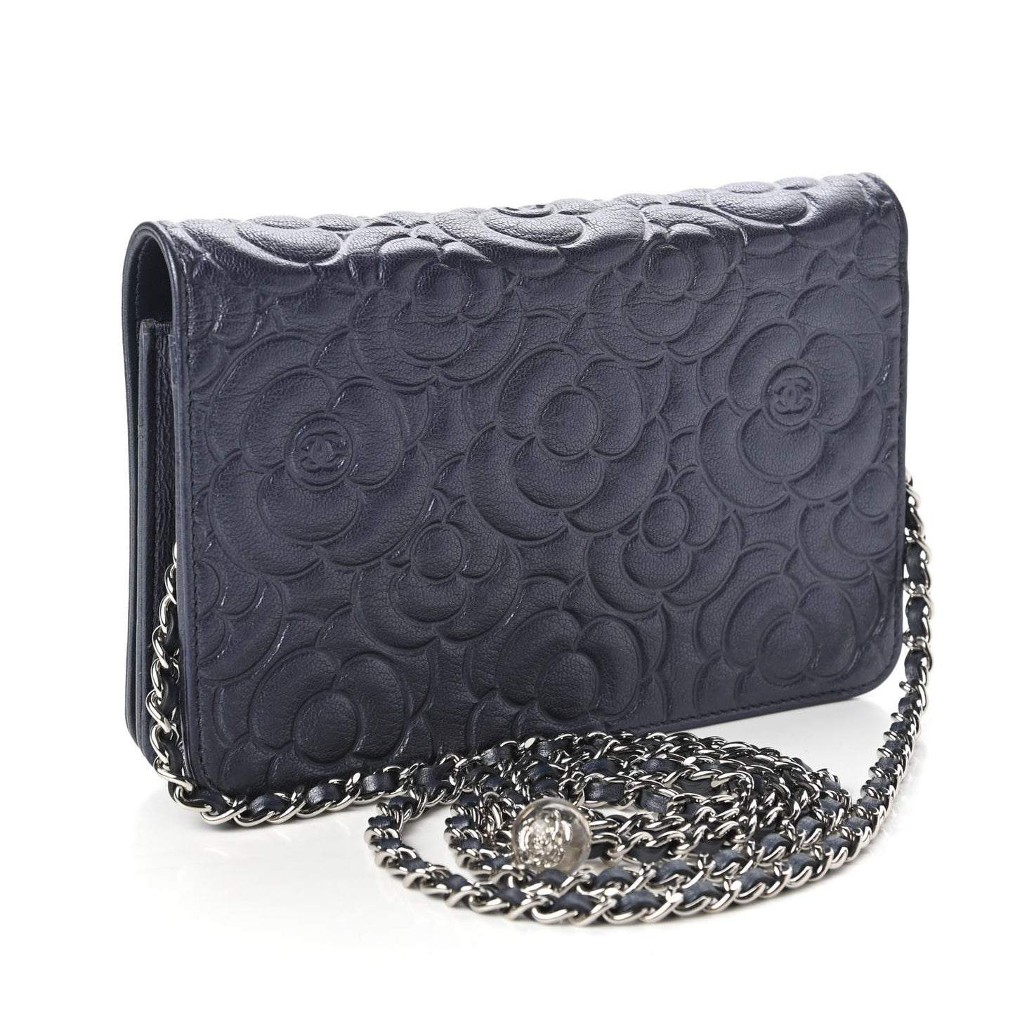 Goatskin Camellia Embossed Wallet On Chain WOC Blue