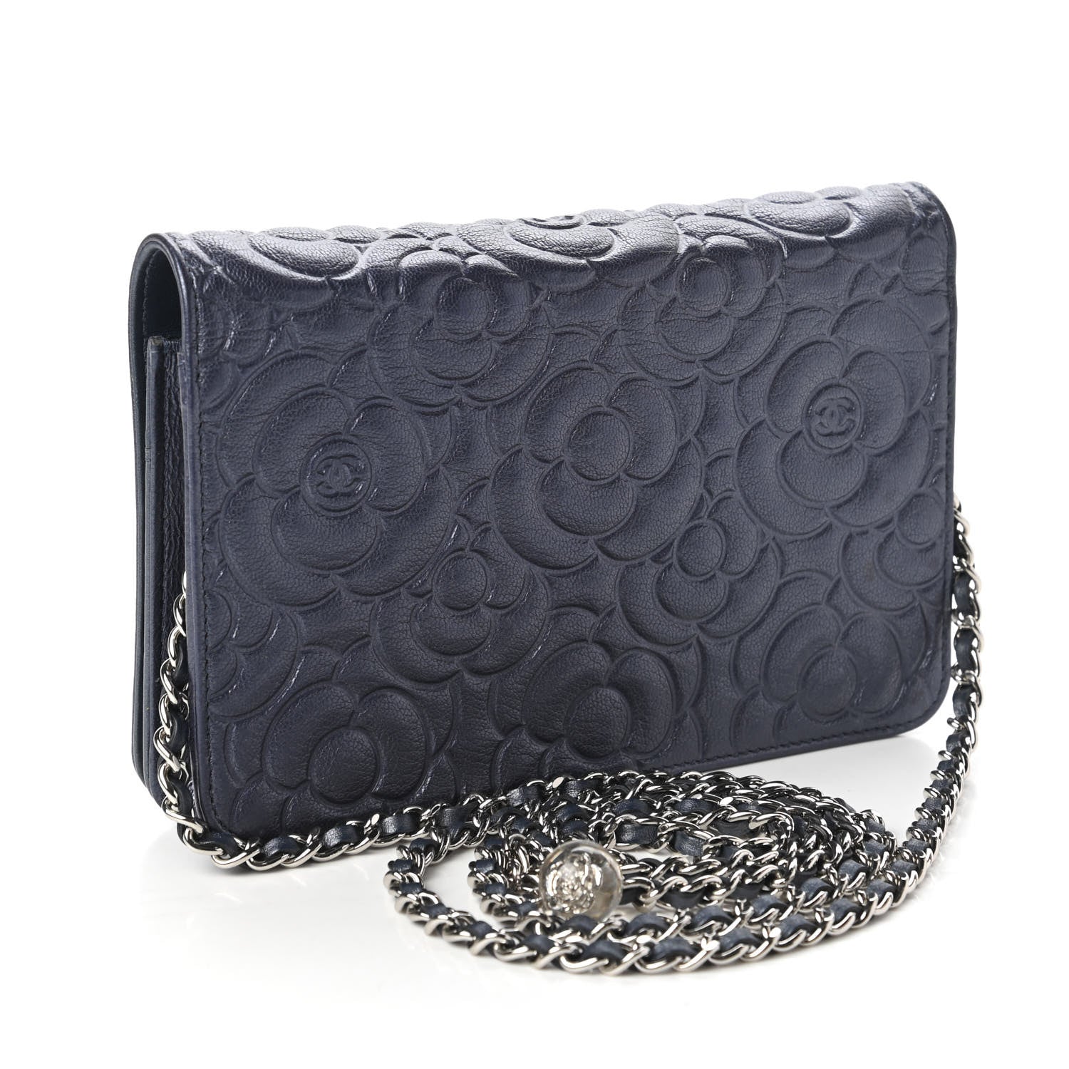 Chanel Goatskin Camellia Embossed Wallet On Chain WOC Blue 3 of 12