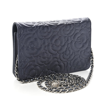 Chanel Goatskin Camellia Embossed Wallet On Chain WOC Blue 3 of 12