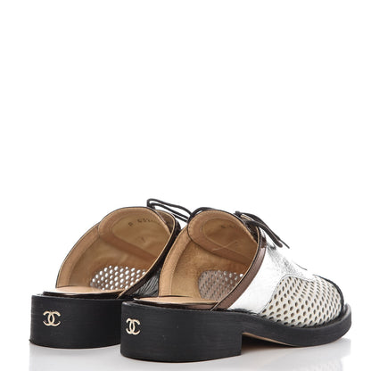 Chanel Lambskin Perforated Cap Toe Lace Up Mules 36 Silver Black 4 of 12