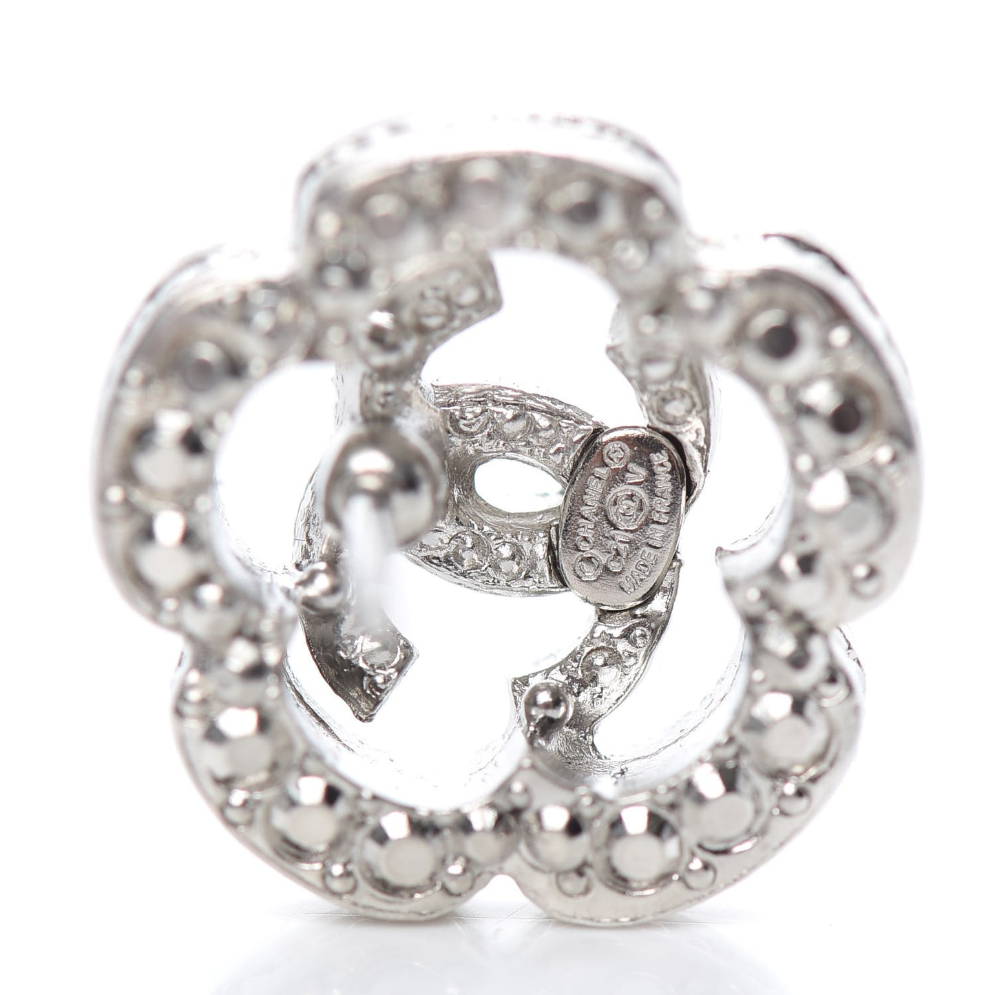 Crystal Coco Flapper Camellia CC Stud Earrings Silver