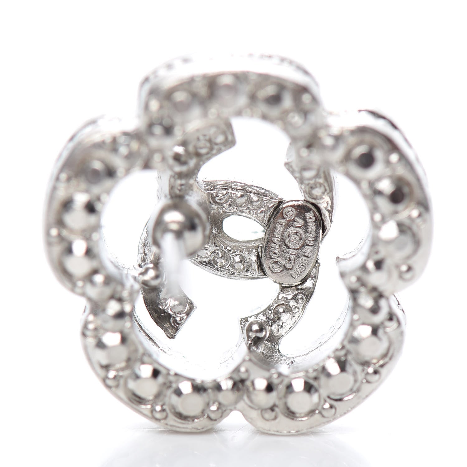 Chanel Crystal Coco Flapper Camellia CC Stud Earrings Silver 4 of 4