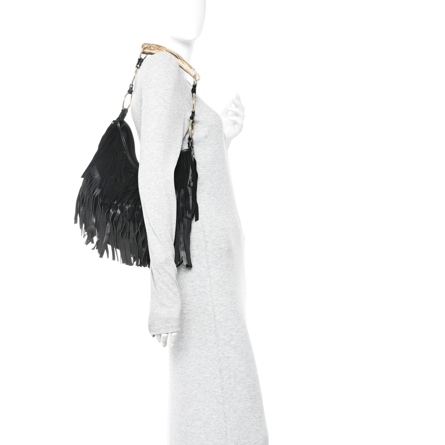 Suede Calfskin Fringe Buffalo Horn Mombasa Hobo Black
