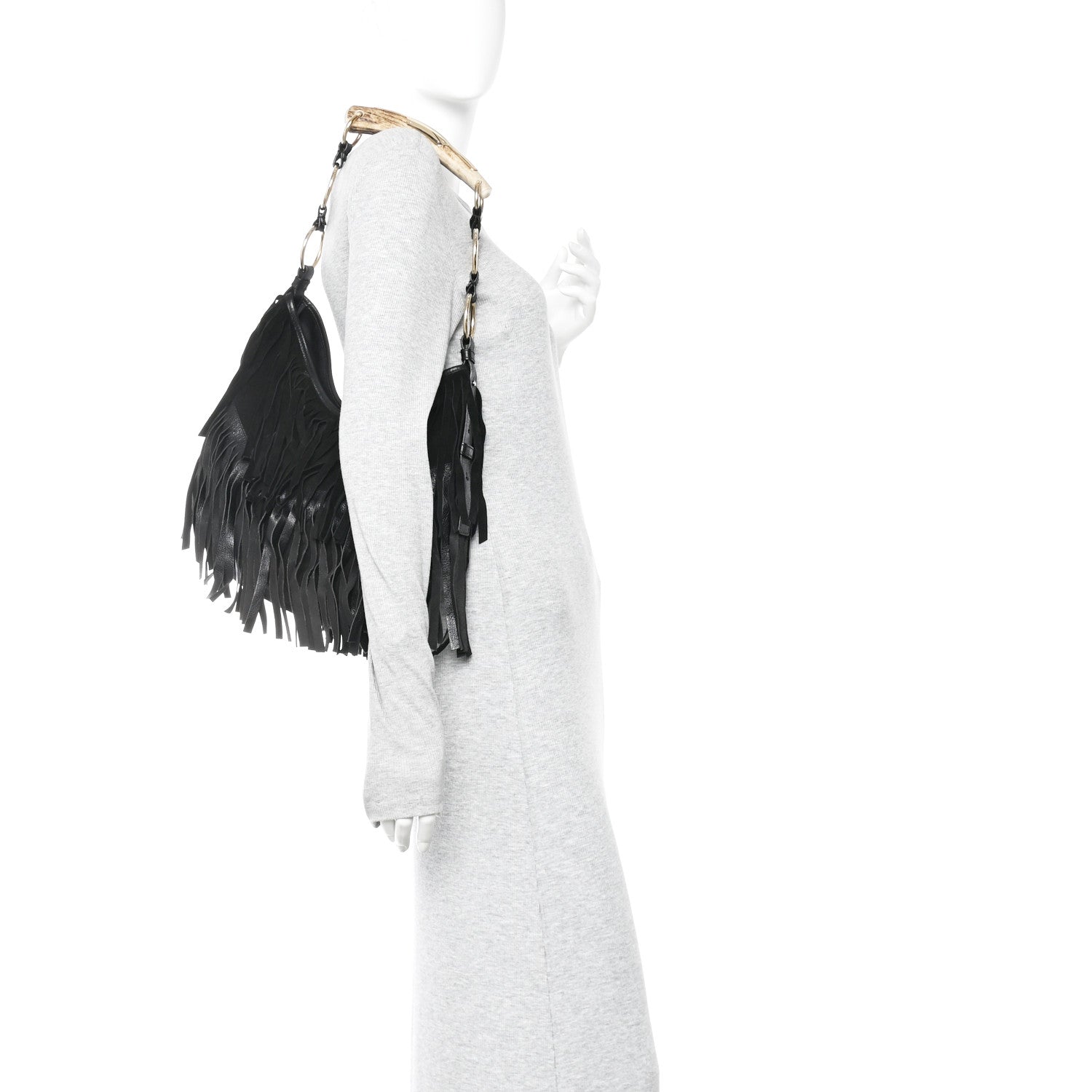 Saint Laurent Suede Calfskin Fringe Buffalo Horn Mombasa Hobo Black 2 of 11