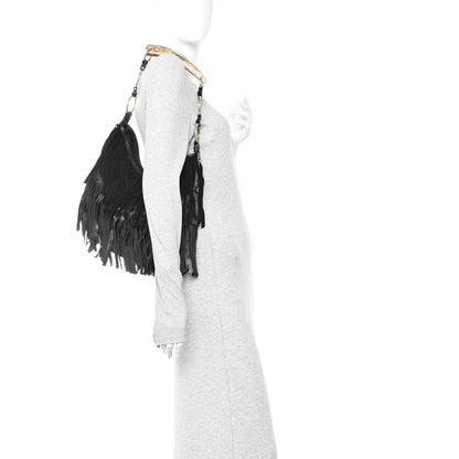 Saint Laurent Suede Calfskin Fringe Buffalo Horn Mombasa Hobo Black 2 of 11