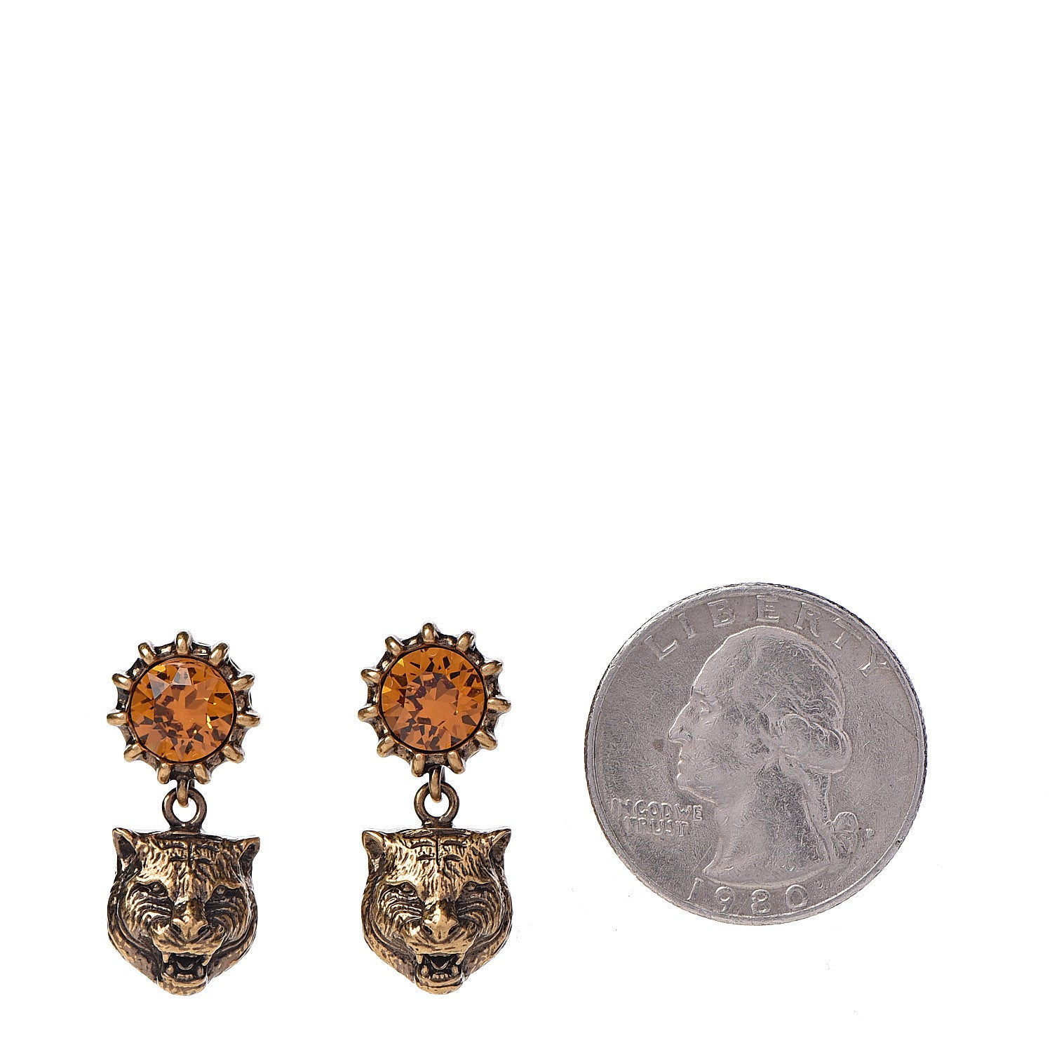 Gucci Metal Crystal Feline Earrings Aged Gold 2 of 4