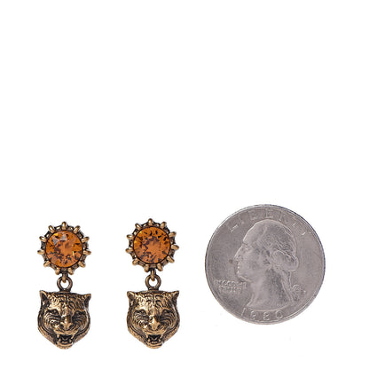 Gucci Metal Crystal Feline Earrings Aged Gold 2 of 4