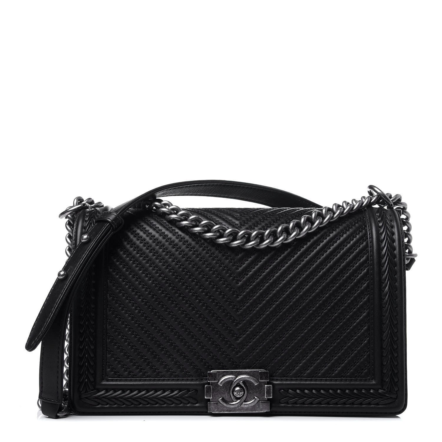 Chanel Calfskin Chevron Quilted New Medium Braided Boy Flap Black 1 of 11