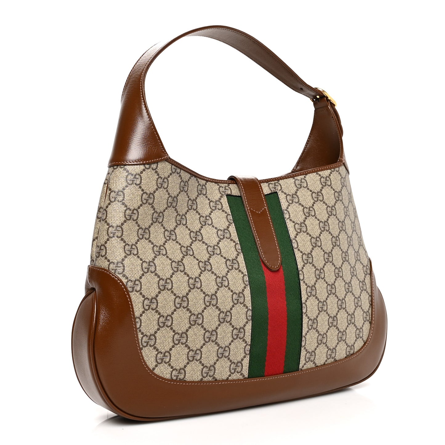 GG Supreme Monogram Azalea Calfskin Web Medium Jackie 1961 Hobo Beige Ebony Brown Sugar