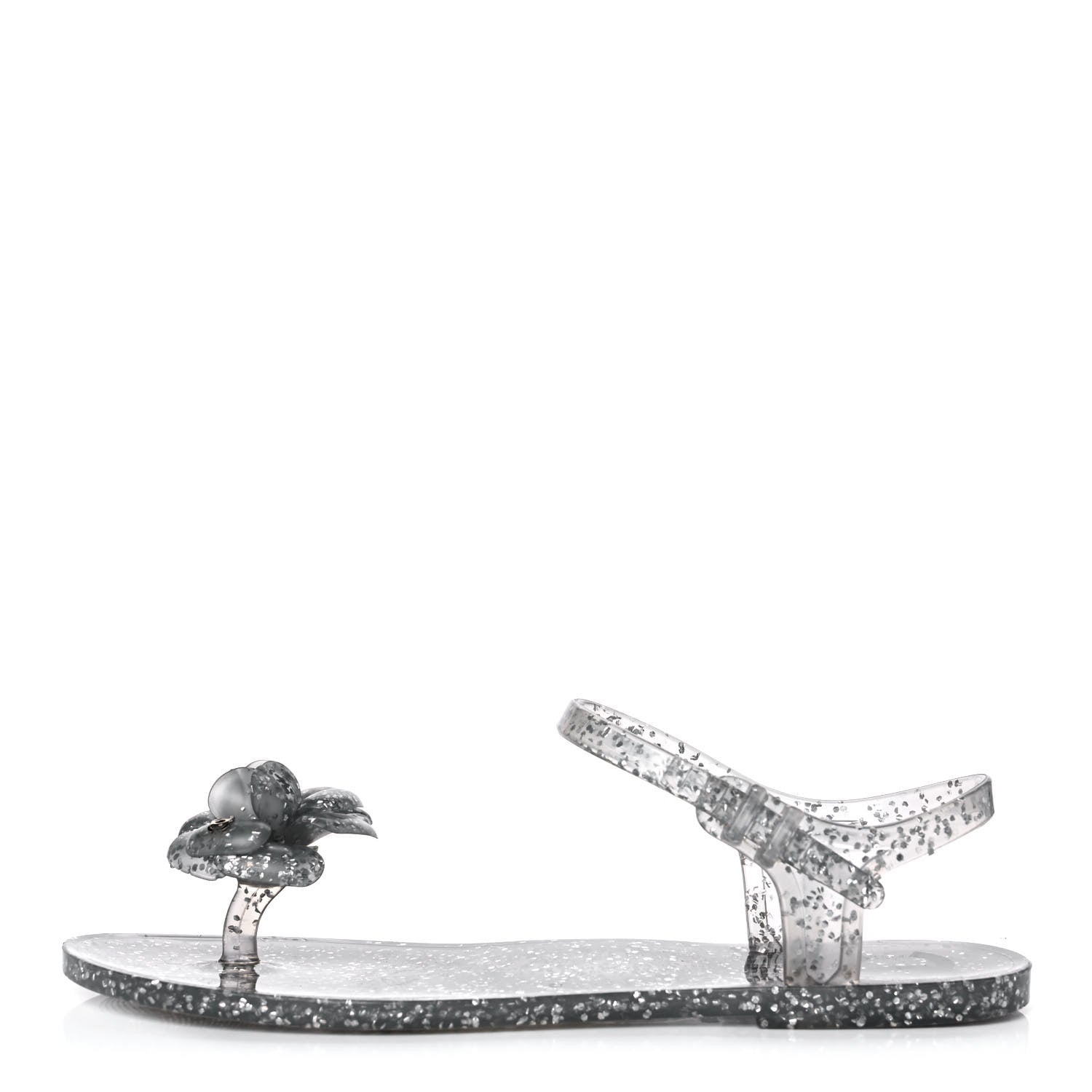 Chanel Jelly Camellia Glitter Thong Sandals 38 Grey 1 of 8