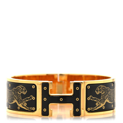 Hermes Enamel Printed Wide Les Leopards Clic Clac H Bracelet GM Black Gold 1 of 4