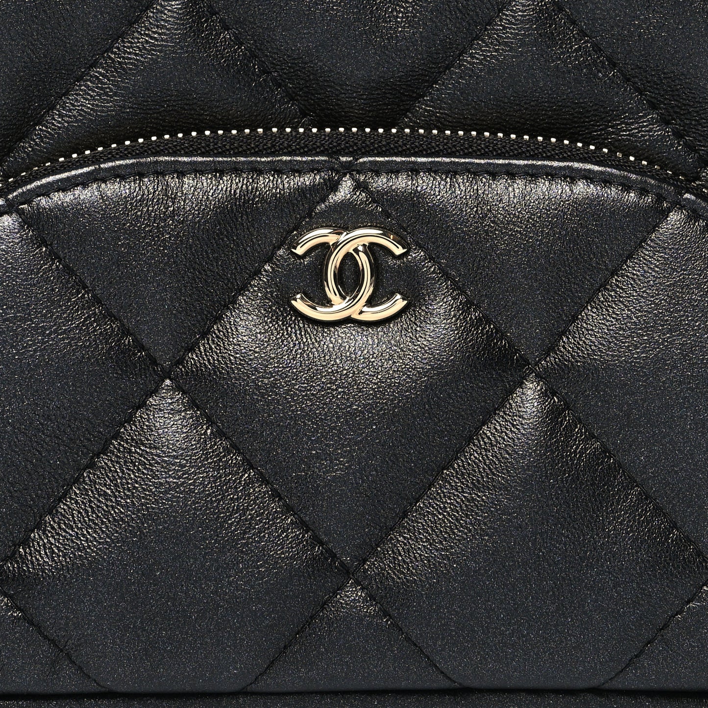 Iridescent Lambskin Quilted Double Zip Pouch Black