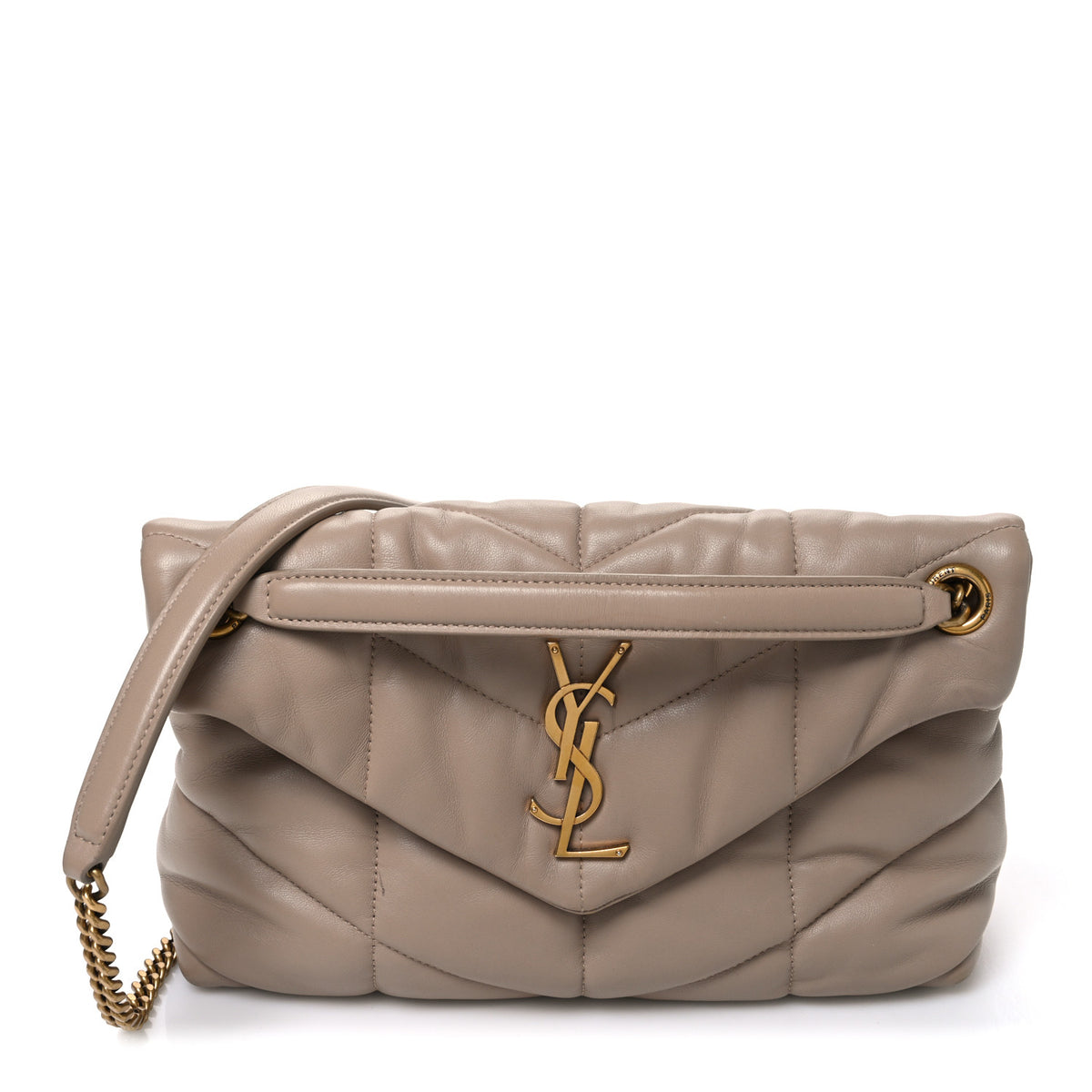 Saint Laurent Lambskin Quilted Small Loulou Puffer Monogram Chain Satchel Dark Beige 1 of 10