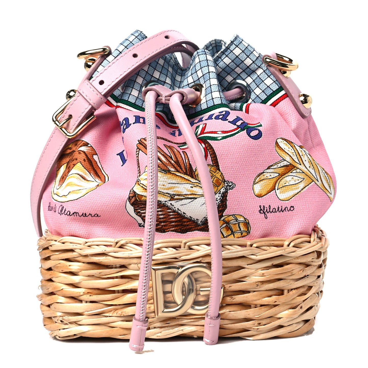 Wicker Calfskin Canvas Printed La Dolce Vita Bucket Bag Rosa