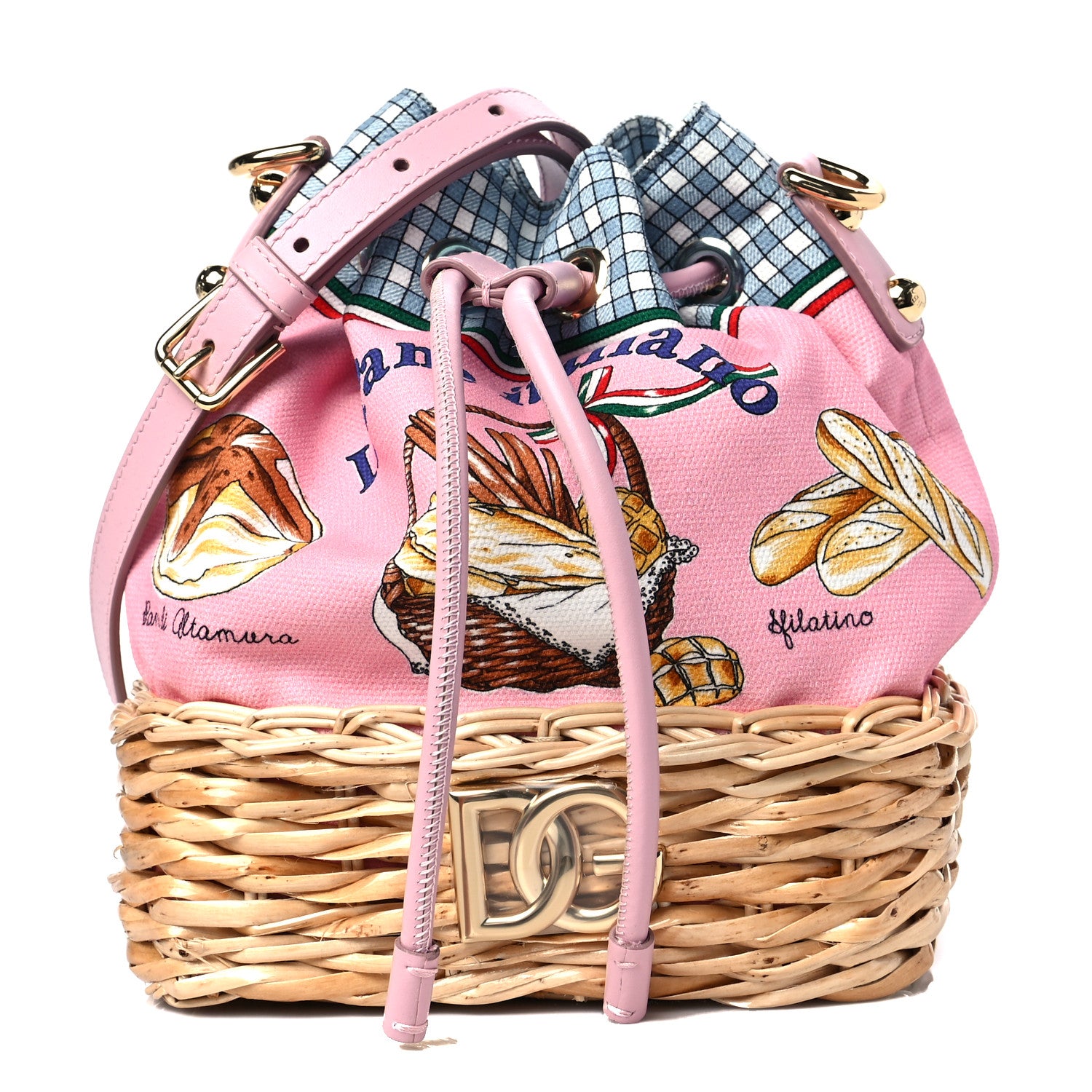 Dolce & Gabbana Wicker Calfskin Canvas Printed La Dolce Vita Bucket Bag Rosa 1 of 7