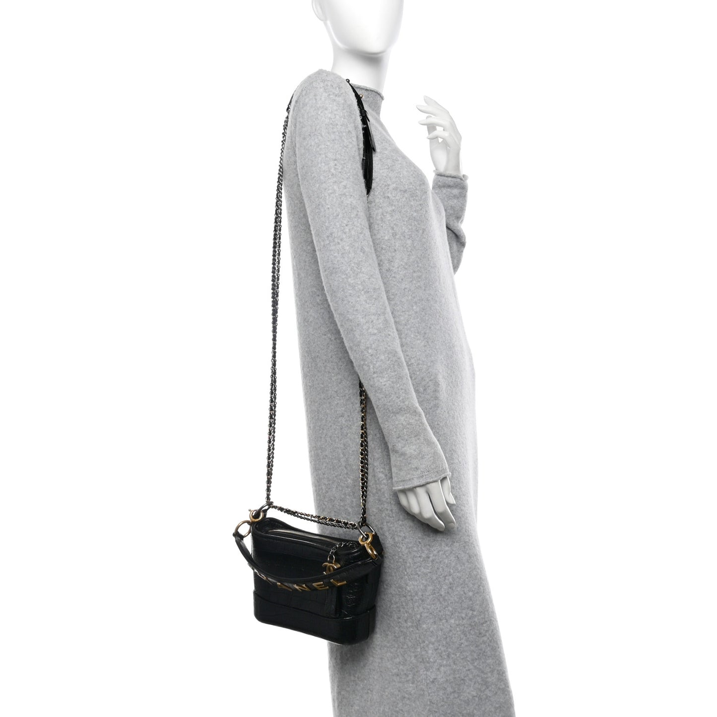 Crocodile Embossed Calfskin Small Gabrielle Cocodile Hobo Black