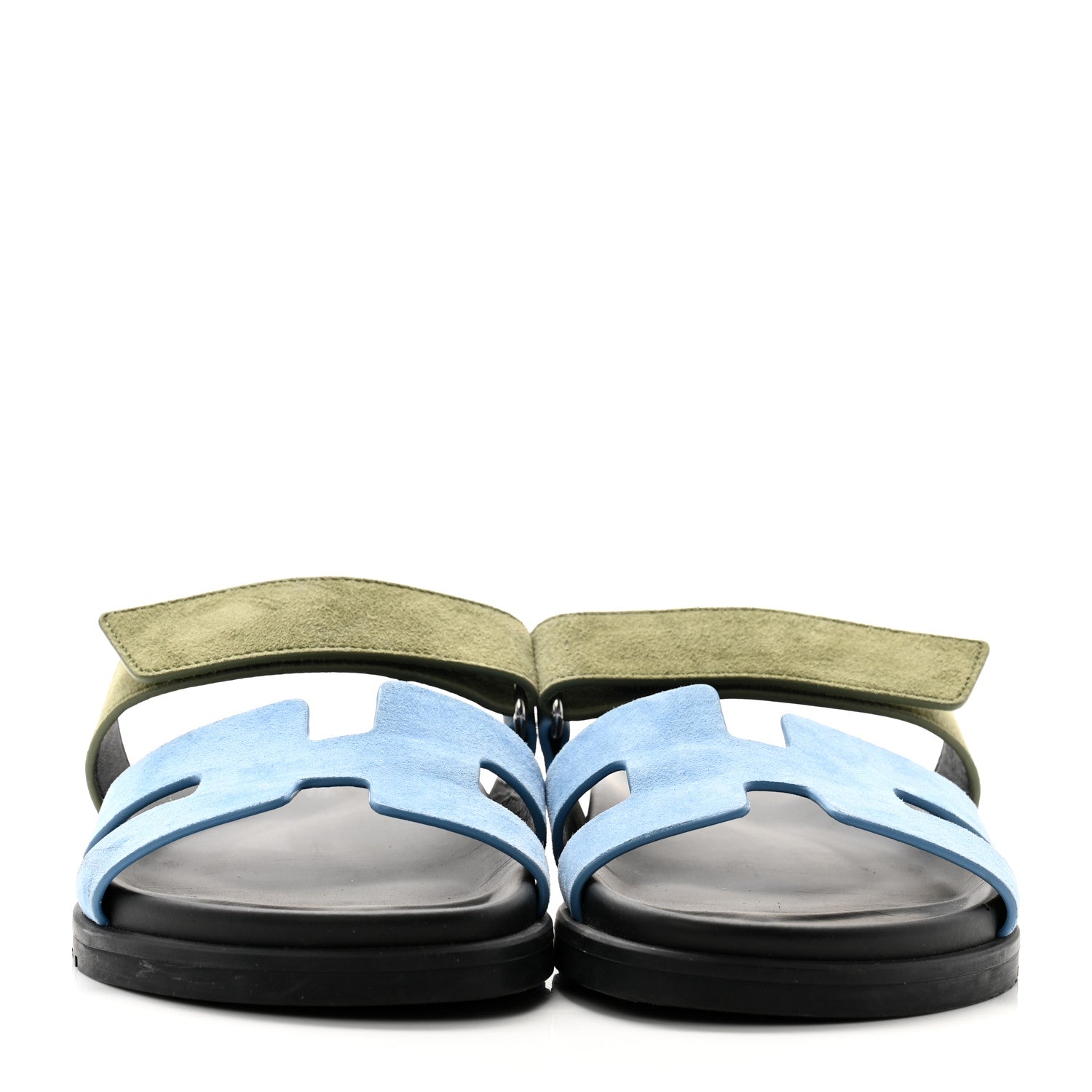 Hermes Suede Goatskin Womens Chypre Sandals 38 Bleu Cameo Vert 2 of 9