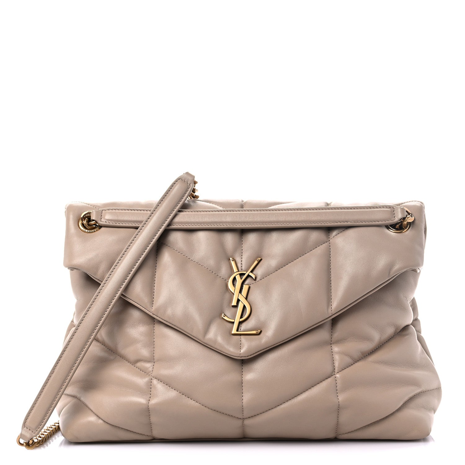Saint Laurent Lambskin Quilted Medium Loulou Puffer Monogram Chain Satchel Dark Beige 1 of 12