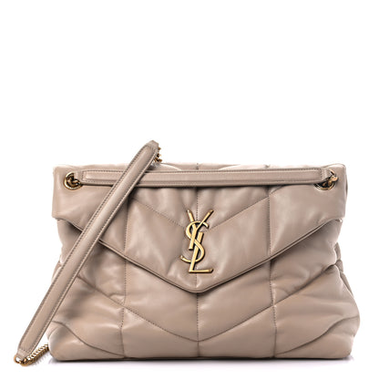 Saint Laurent Lambskin Quilted Medium Loulou Puffer Monogram Chain Satchel Dark Beige 1 of 12