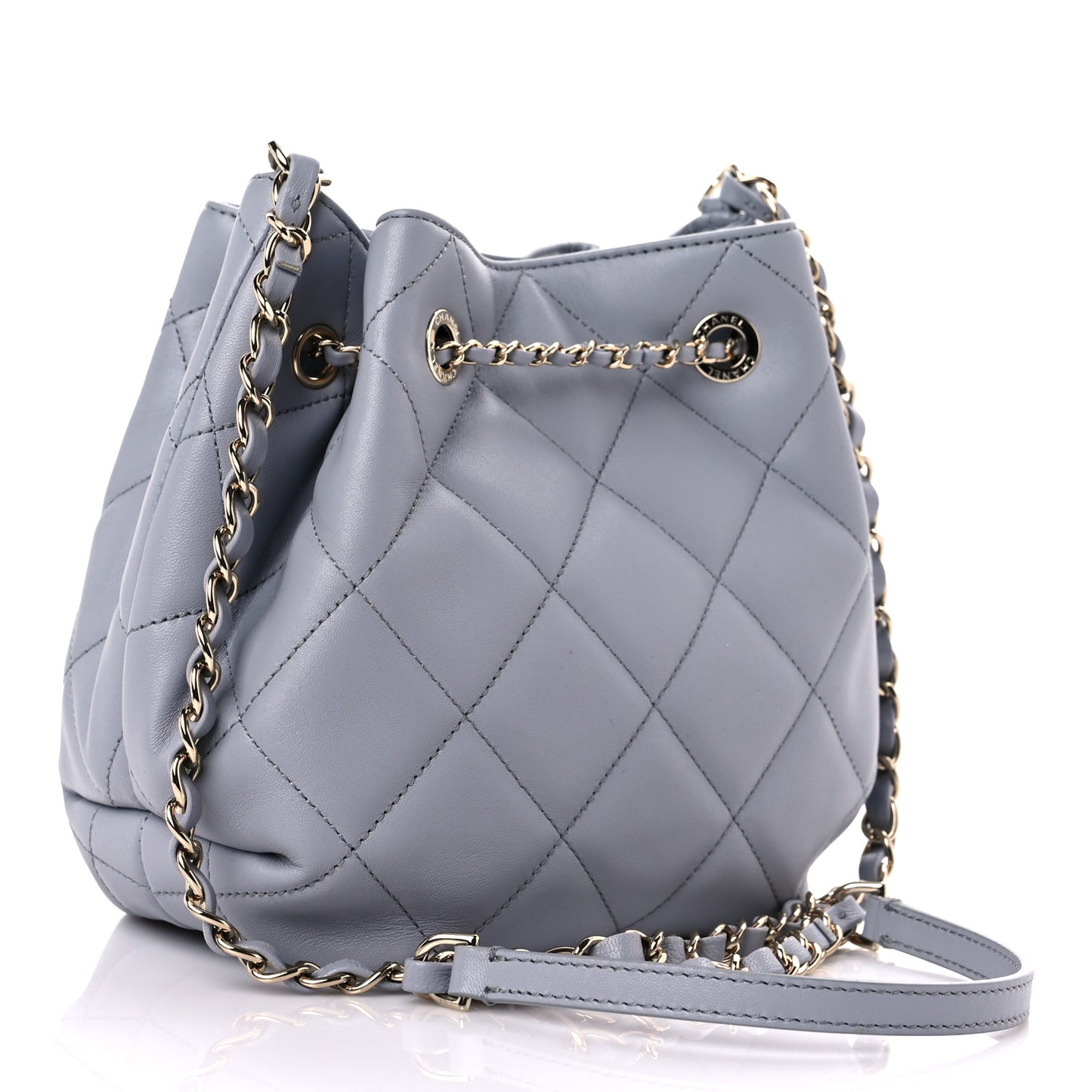 Lambskin Quilted CC Dweller Drawstring Bucket Bag Light Grey